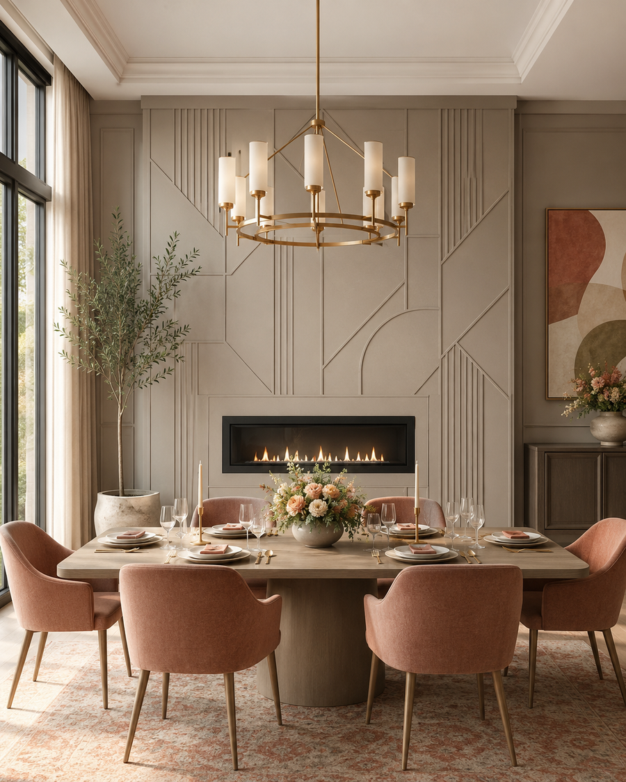 Custom fireplace wall with geometric MDF routed feature panels, clean architectural pattern, linear fireplace, elegant dining room furniture, area rug, and colorful accents.