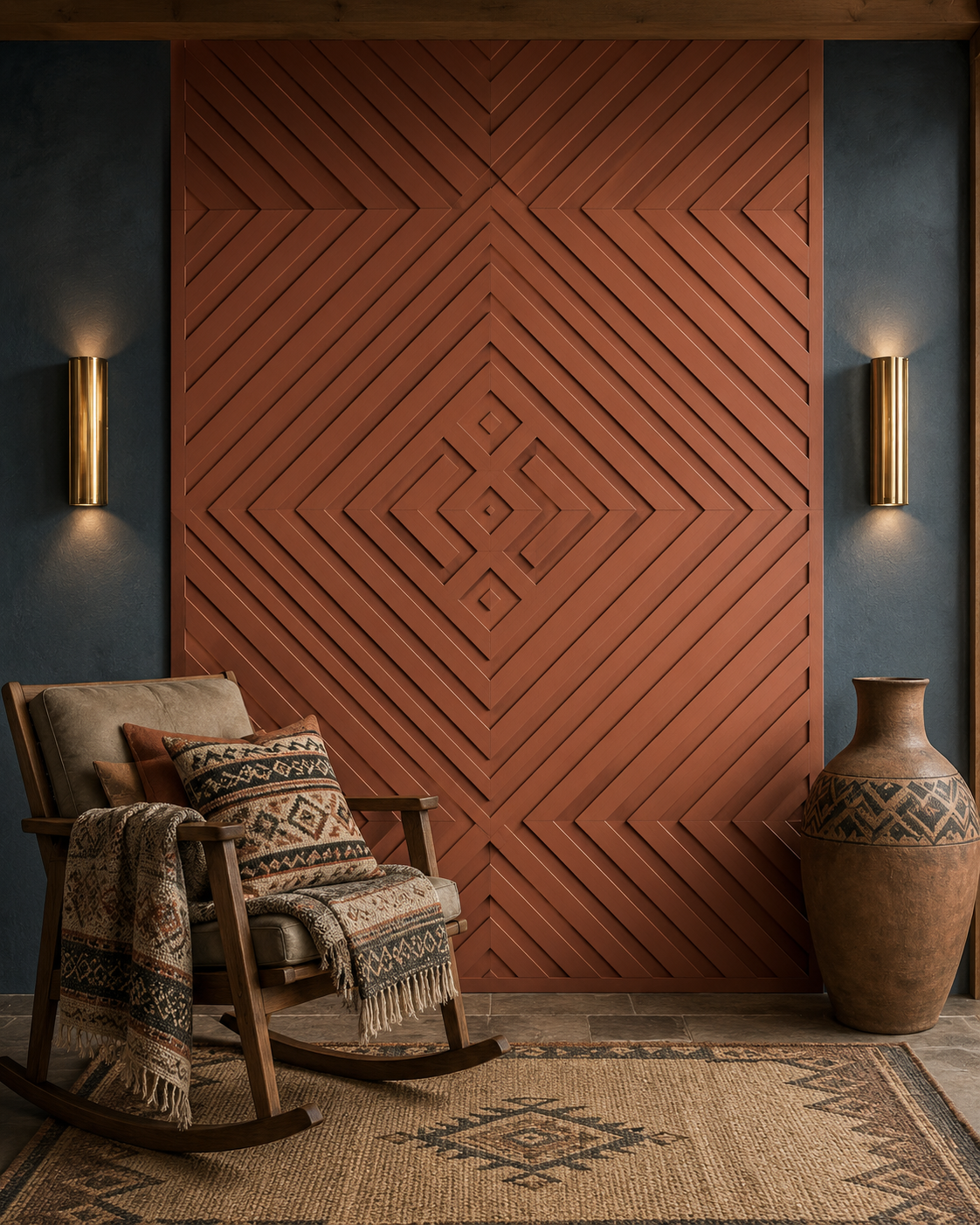 Geometric MDF accent wall with routed pattern, terracotta finish, dimensional lines, and artisan-inspired residential styling.