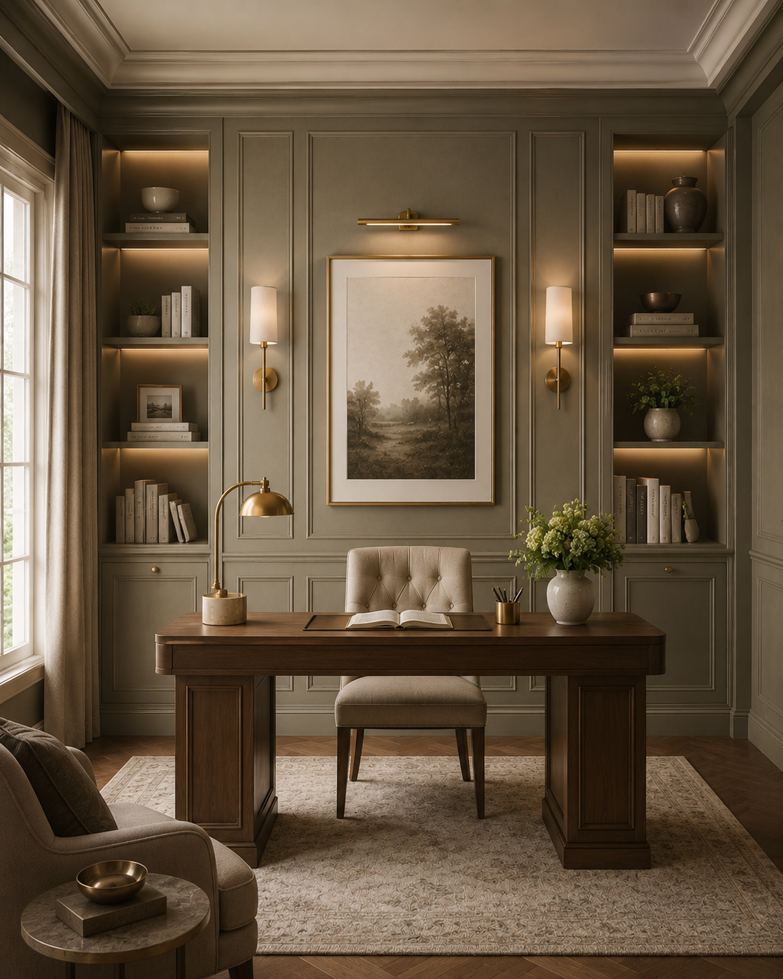 Elegant home office accent wall with olive-mushroom paneling, built-in shelves, warm lighting, desk, and classic chair.