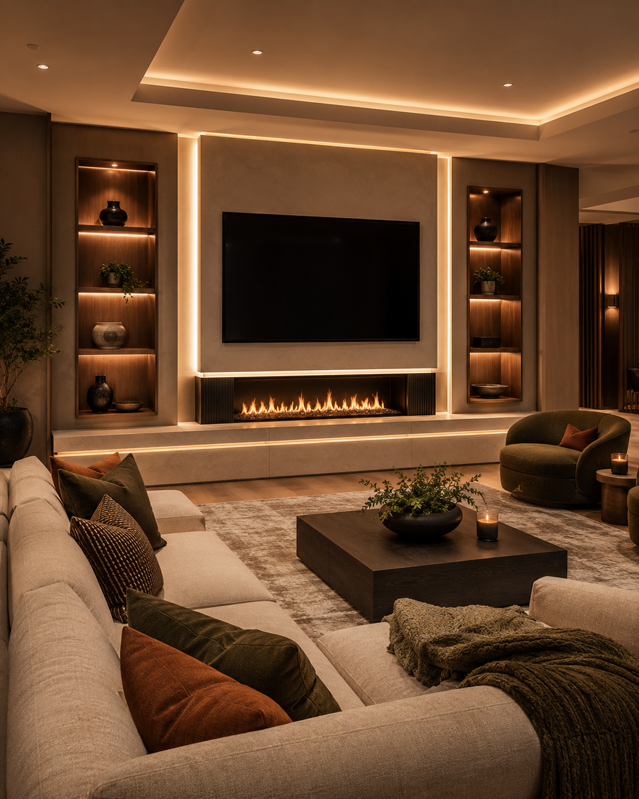 Warm contemporary media room with custom fireplace TV wall, integrated LED lighting, backlit panels, linear electric fireplace, large TV, sectional sofa, olive and rust pillows, and soft evening ambiance.