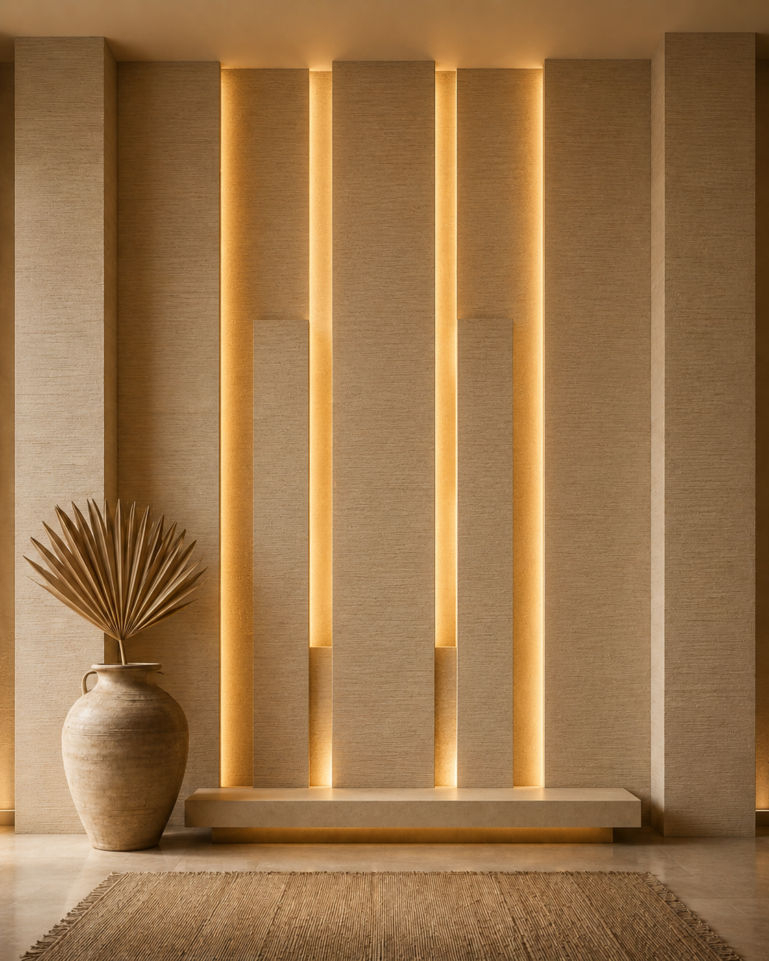 Integrated lighting and backlit accent wall with vertical textured plaster panels, hidden warm LED channels, and sculptural neutral decor.