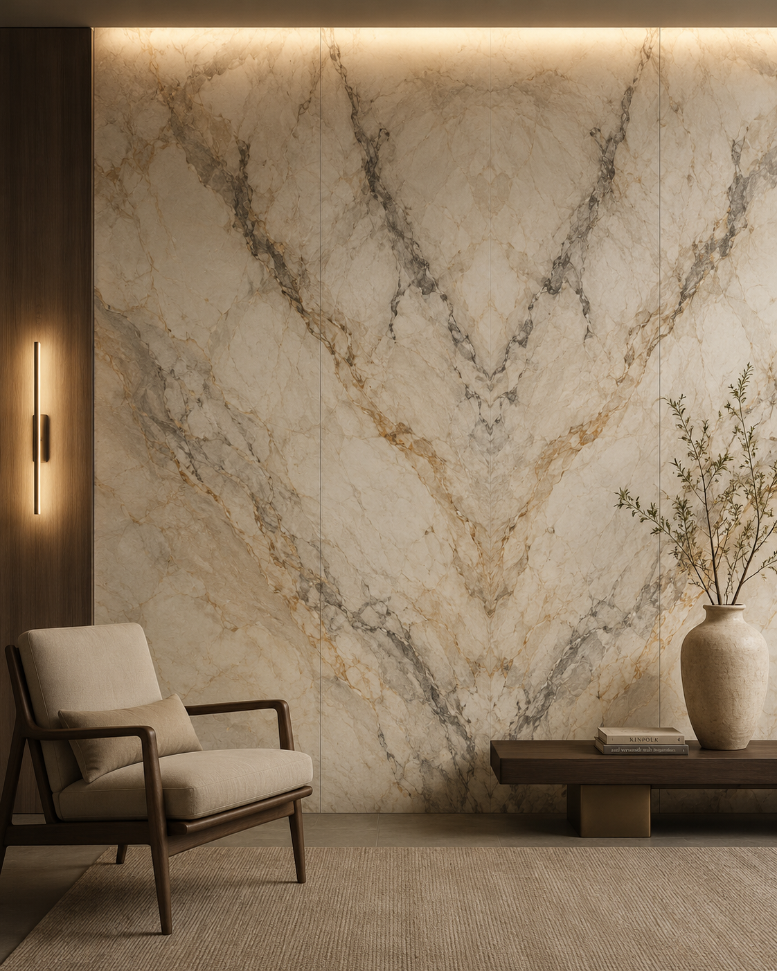 Large-format porcelain and stone-look panel accent wall with bookmatched marble pattern, integrated lighting, wood side panel, and luxury residential setting.