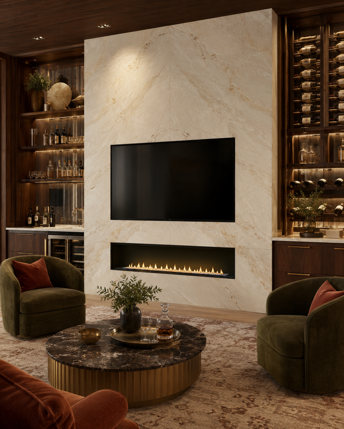 Luxury home bar and wine lounge with large-format porcelain slab custom fireplace TV wall, stone-look veining, linear fireplace, mounted TV, wine storage, velvet chairs, and brass accents.