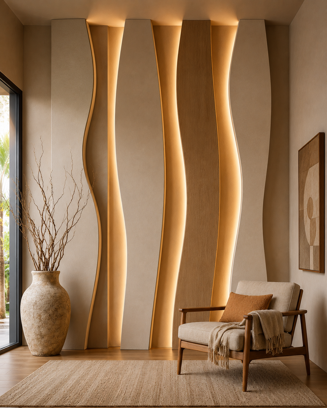 Layered floating feature wall with floor-to-ceiling sculptural panels, hidden LED lighting, plaster finish, and wood-look accent panel.