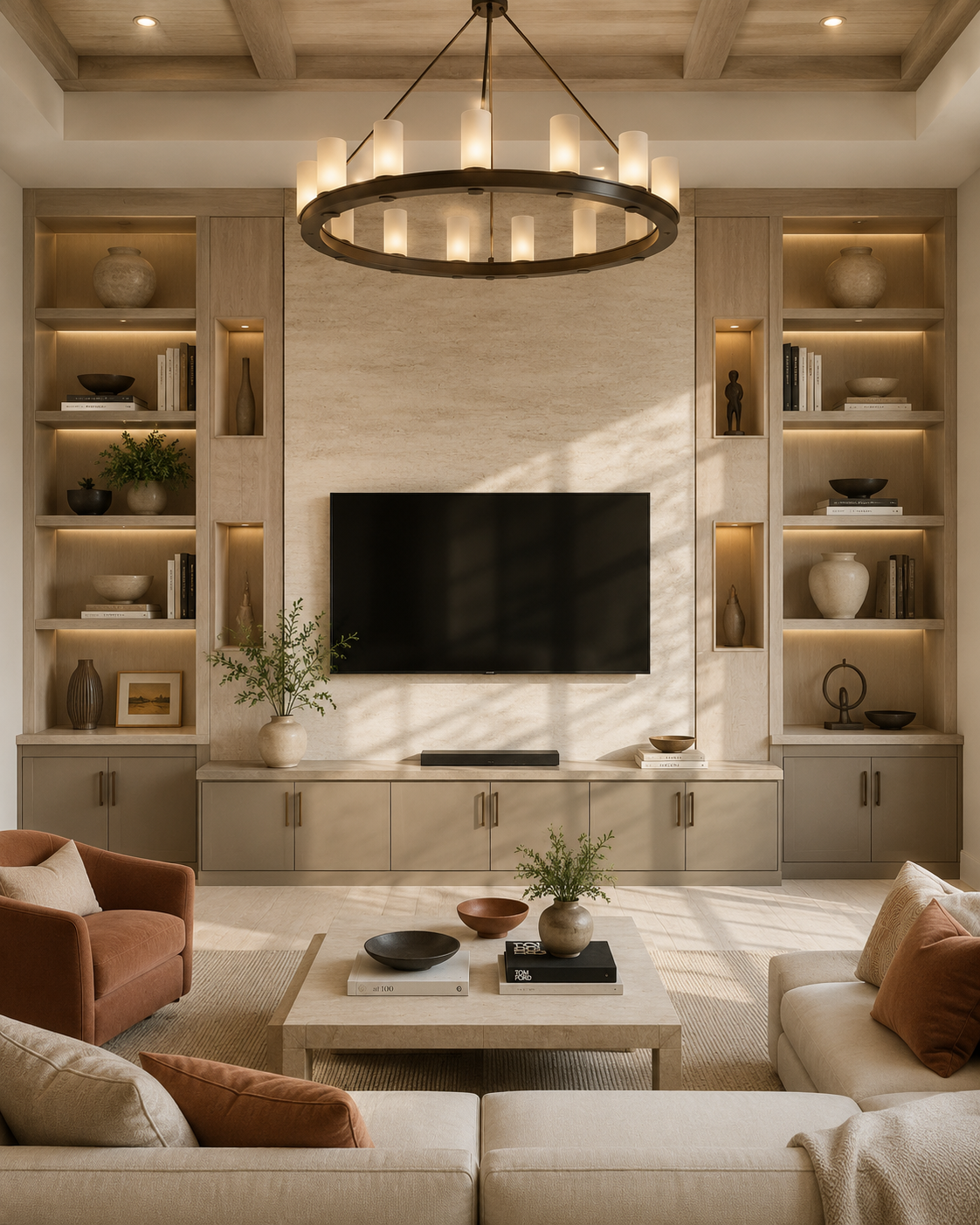 Front-facing library-style media wall with pale oak shelving, lower cabinets, a central stone TV panel, integrated shelf lighting, and warm desert-toned seating.
