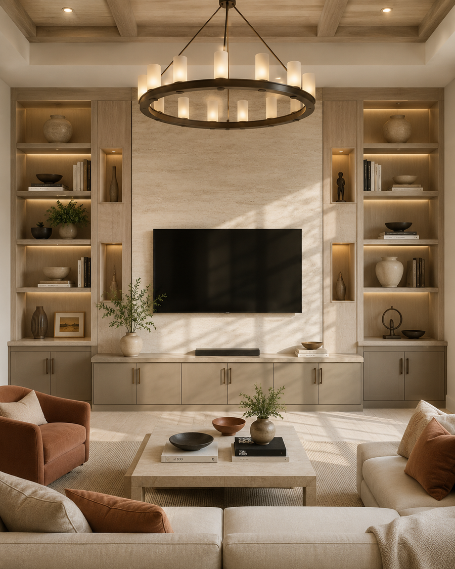 Front-facing library-style media wall with pale oak shelving, lower cabinets, a central stone TV panel, integrated shelf lighting, and warm desert-toned seating.