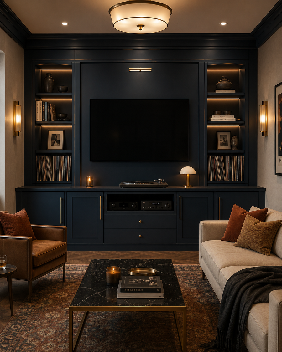 Front-facing dark blue built-in media wall with long brass handles, slim metal trim, illuminated shelves, audio storage, record shelving, and a centered television.