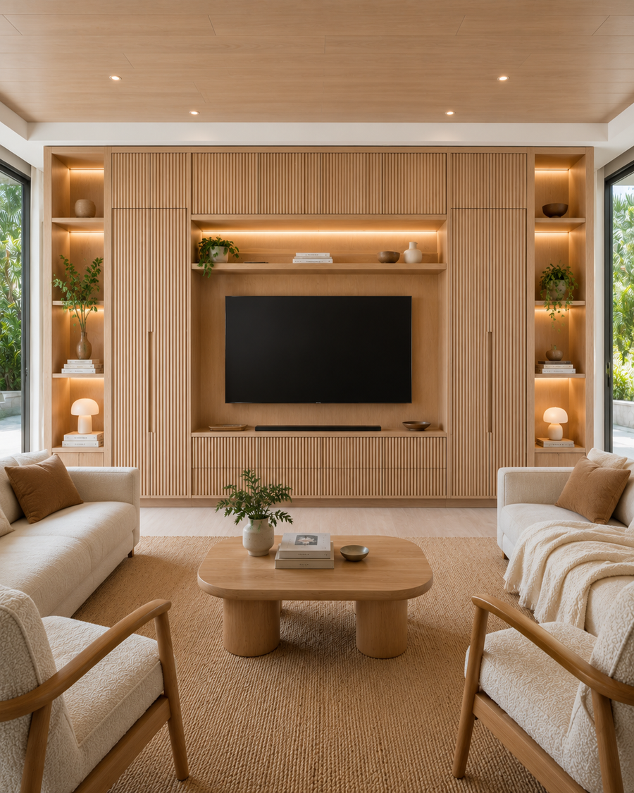 Front-facing pale oak built-in with fluted cabinet fronts, a centered TV, illuminated display shelves, lower storage, and a bright sunroom-style living space.