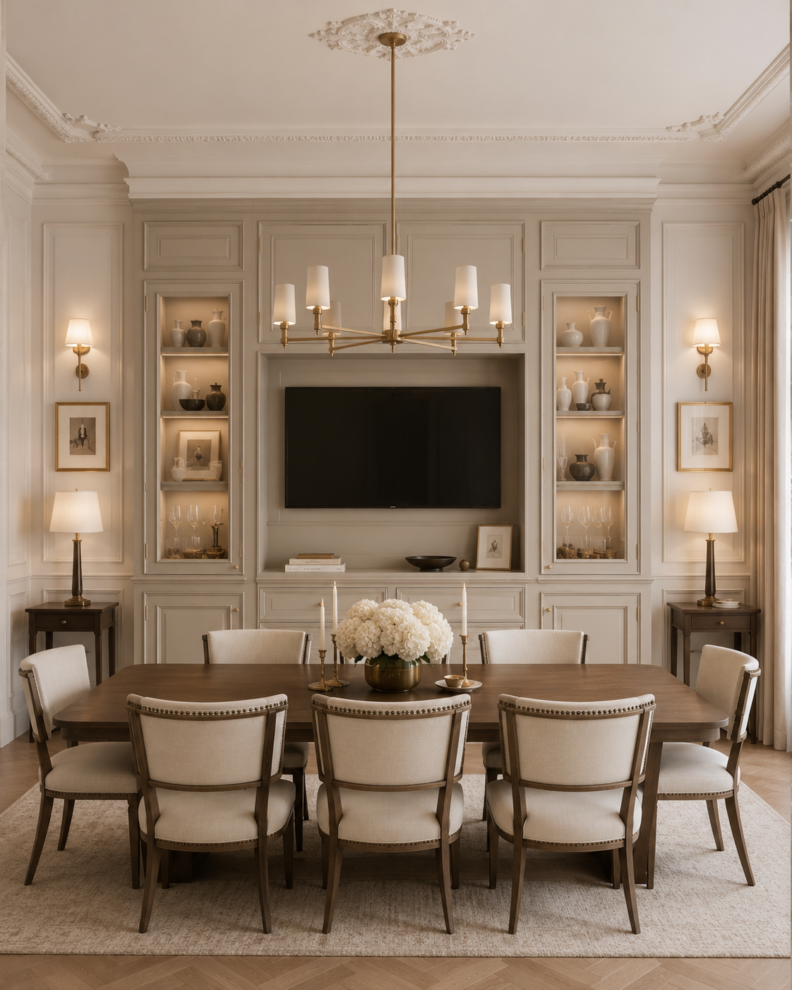 Front-facing furniture-style built-in media wall with painted panel molding, symmetrical illuminated cabinets, refined trim details, and a centered television in a dining room.