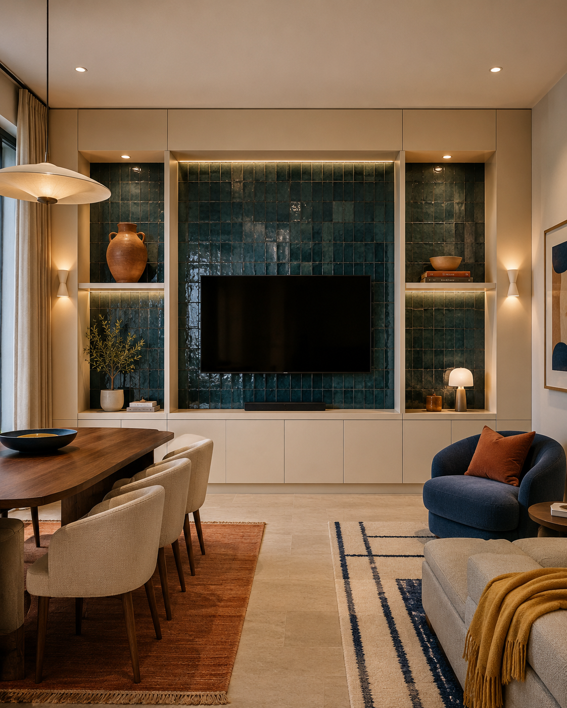Front-facing dining lounge media wall with deep blue-green glazed tile backing, a centered TV, ivory built-ins, illuminated niches, a dining table, and cobalt and rust accents.