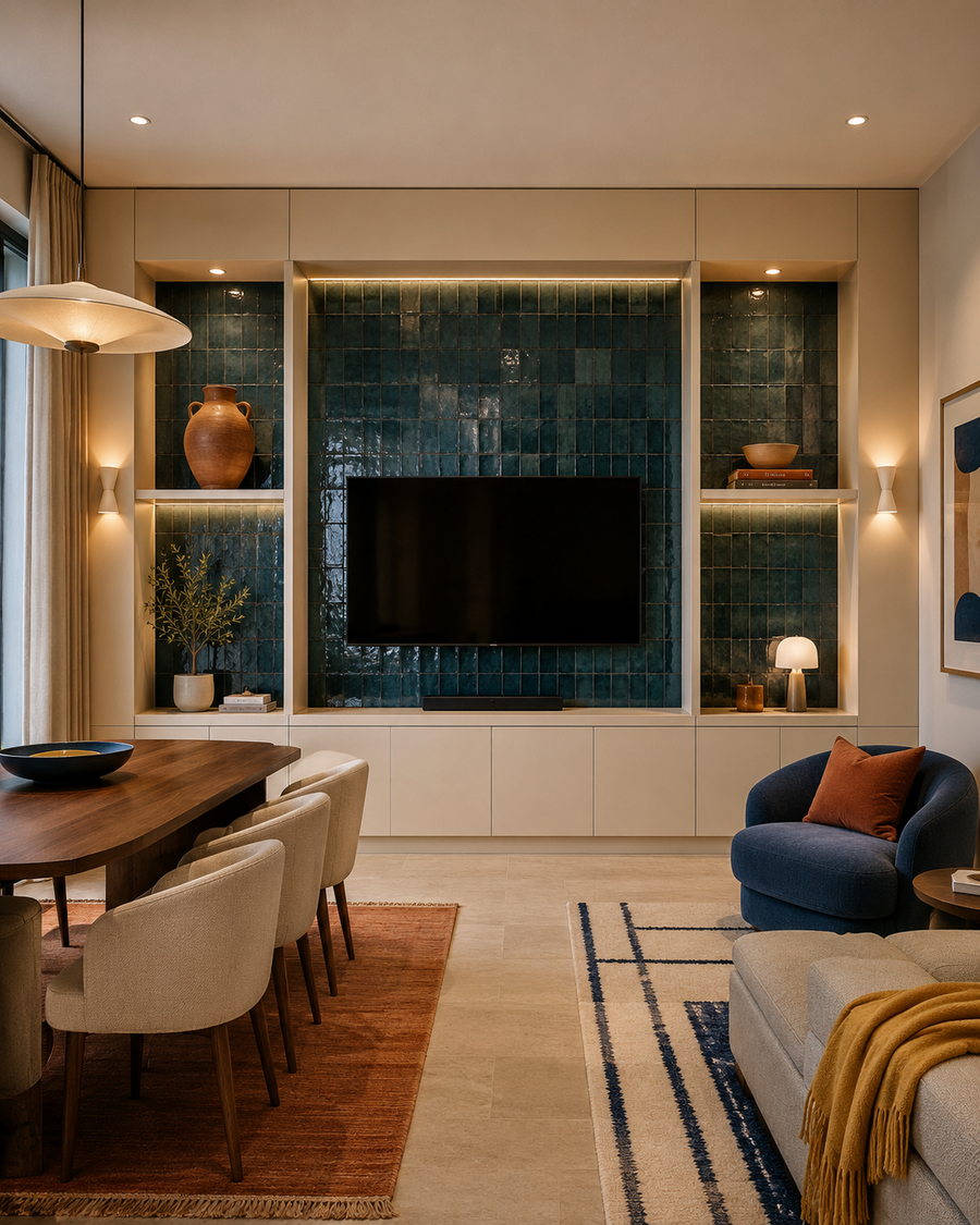 Front-facing dining lounge media wall with deep blue-green glazed tile backing, a centered TV, ivory built-ins, illuminated niches, a dining table, and cobalt and rust accents.