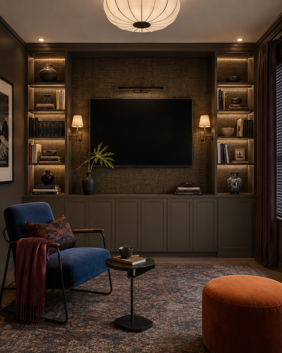 Front-facing library lounge built-in with dark woven grasscloth backing, a centered TV, illuminated bookshelves, closed lower cabinets, a blue chair, and plum textiles.