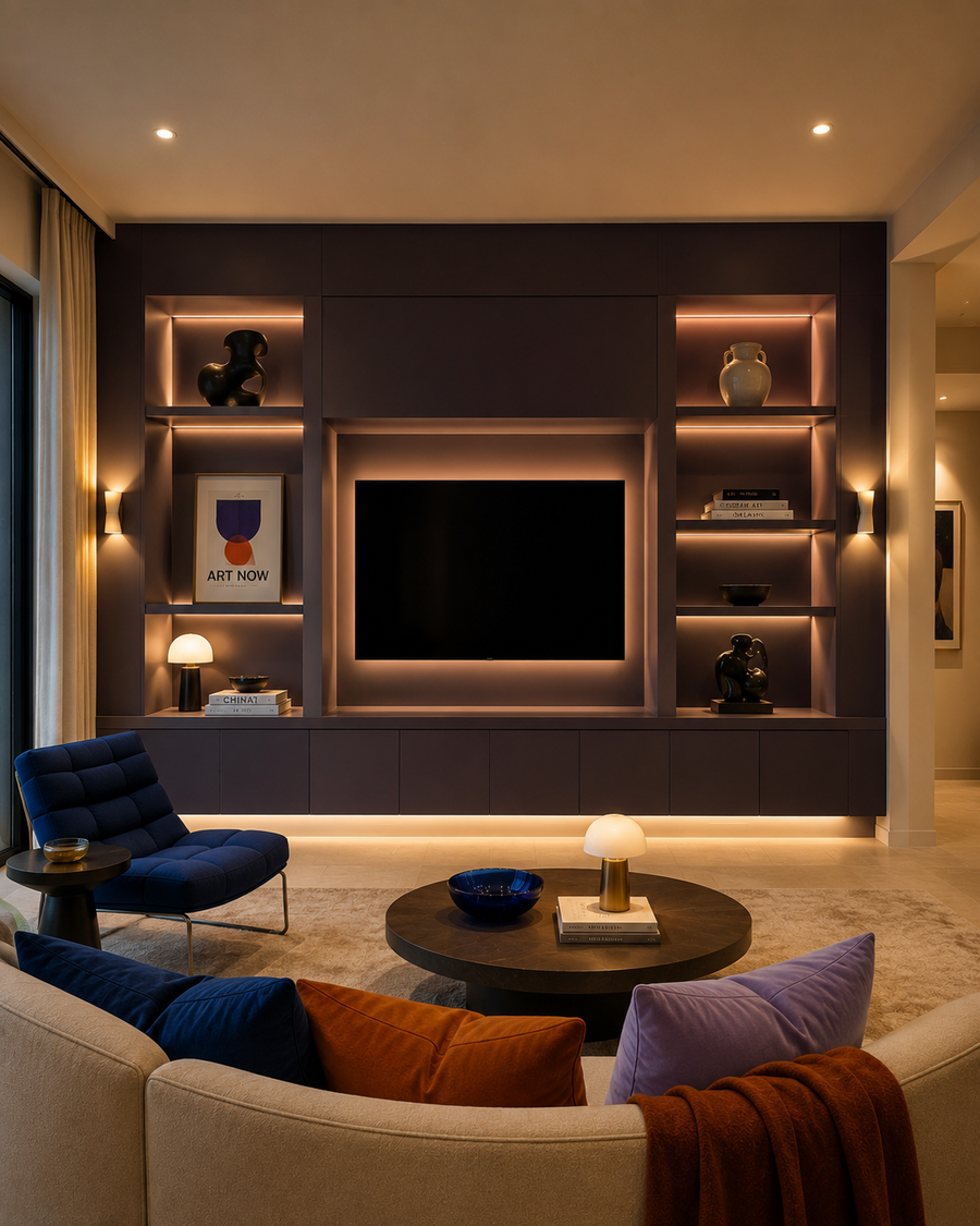 Front-facing charcoal-plum media wall with integrated LED backlighting around the TV, illuminated display shelves, floating lower cabinetry, and cobalt, orange, and lilac accents.
