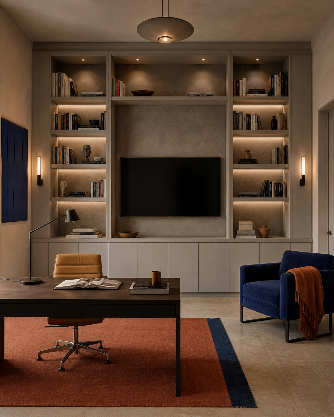 Front-facing home office built-in with a warm gray microcement TV back panel, illuminated library shelving, closed lower cabinets, a desk, blue chair, and terracotta rug.