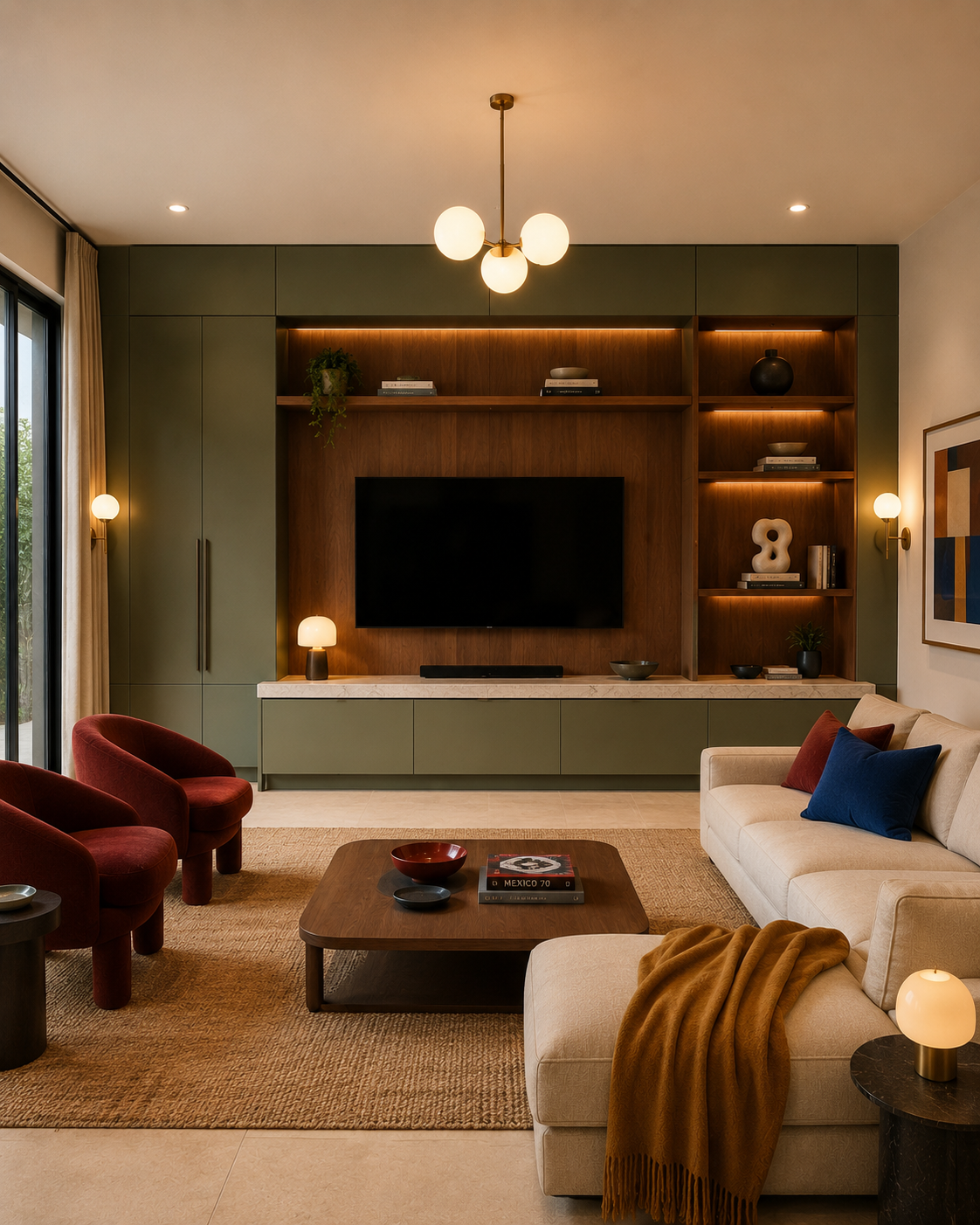 Front-facing mixed-material media wall with olive painted cabinetry, a walnut veneer TV panel and shelves, a light stone-look countertop, illuminated storage, and red and blue seating.