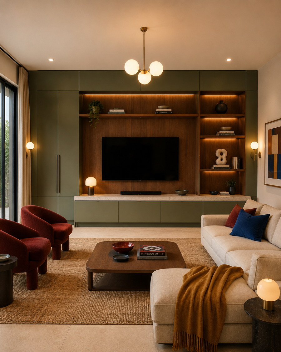 Front-facing mixed-material media wall with olive painted cabinetry, a walnut veneer TV panel and shelves, a light stone-look countertop, illuminated storage, and red and blue seating.