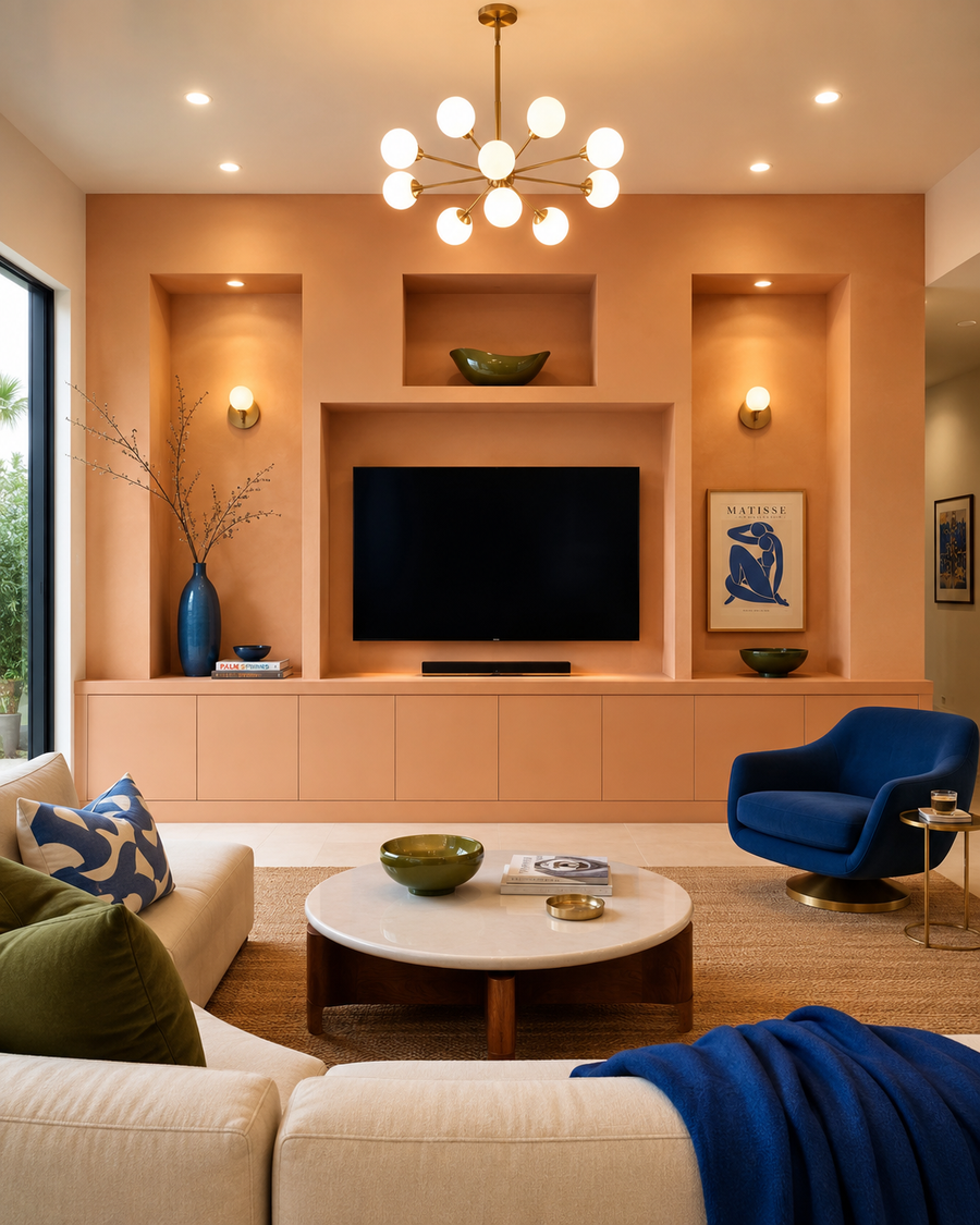 Front-facing painted drywall media wall in soft apricot with a recessed TV niche, architectural wall openings, matching lower cabinets, and cobalt and olive furnishings.