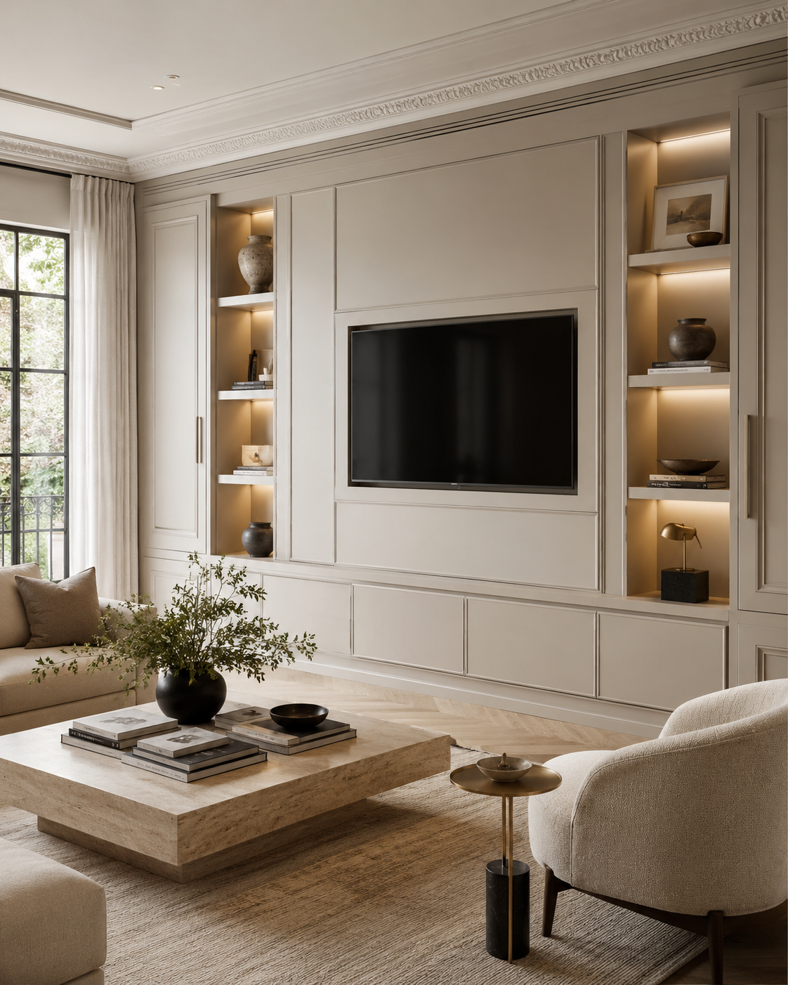 Front-facing custom media wall with soft taupe painted MDF cabinetry, a framed TV panel, illuminated side niches, lower storage, and warm neutral living room furnishings.