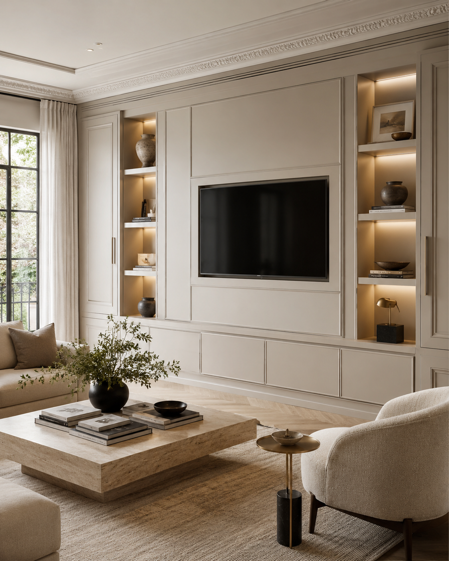 Front-facing custom media wall with soft taupe painted MDF cabinetry, a framed TV panel, illuminated side niches, lower storage, and warm neutral living room furnishings.