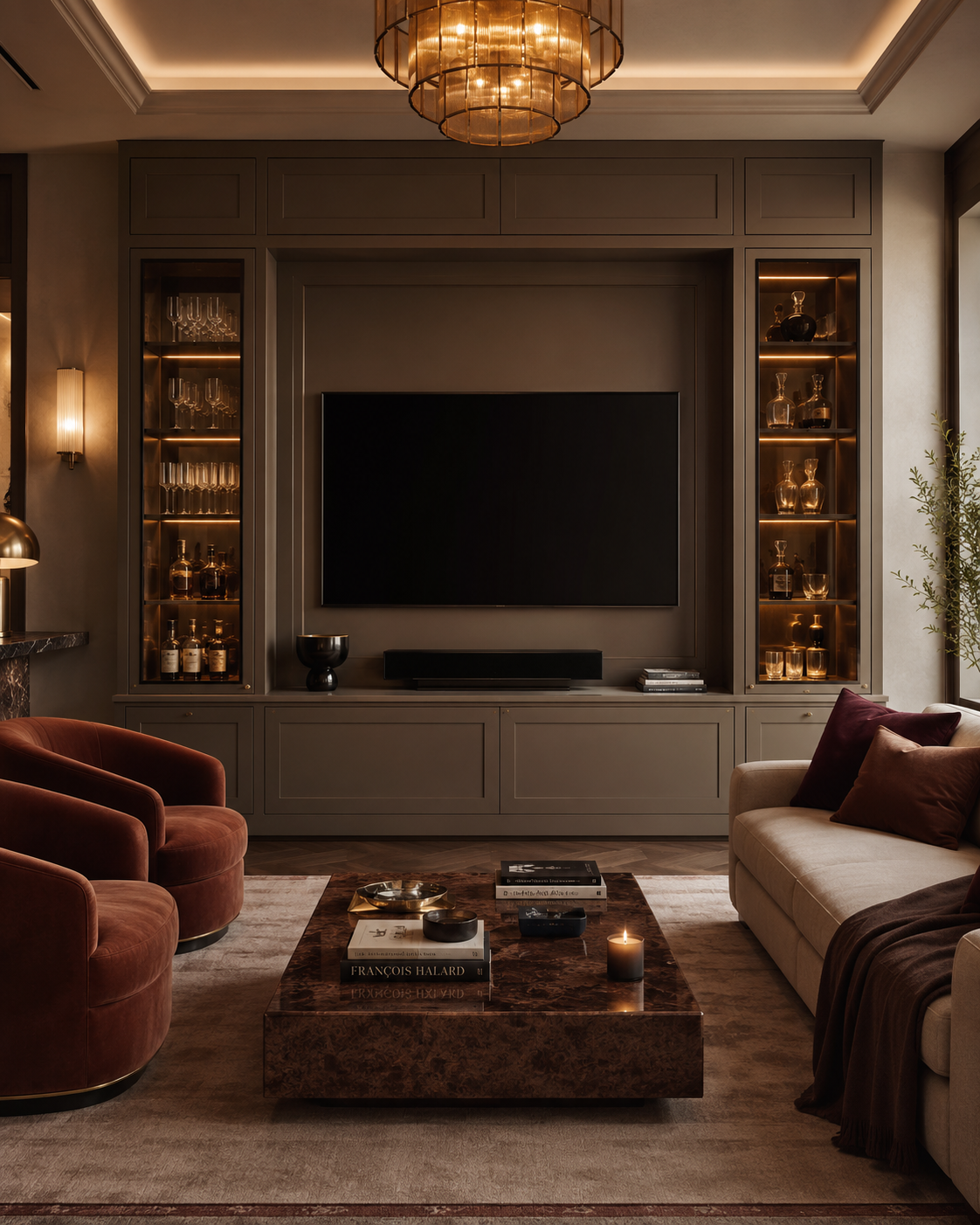 Front-facing custom media wall with taupe cabinetry, two narrow smoked-glass display cabinets, warm interior lighting, mirror-backed shelving, and a centered television.