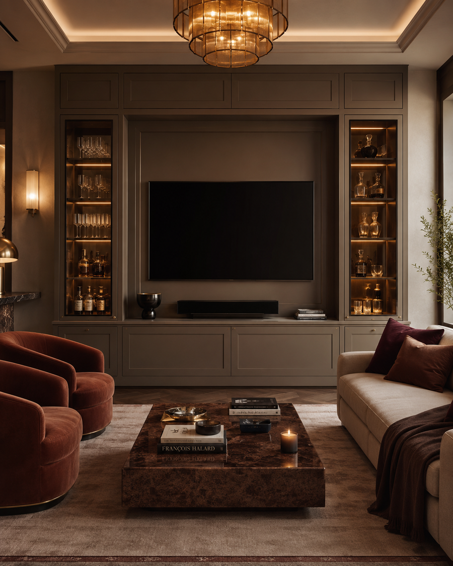 Front-facing custom media wall with taupe cabinetry, two narrow smoked-glass display cabinets, warm interior lighting, mirror-backed shelving, and a centered television.