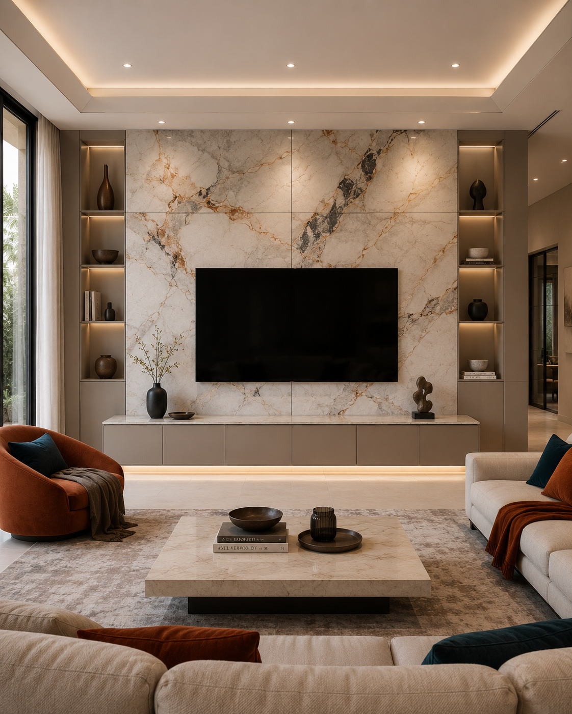 Front-facing media wall with large-format cream stone-look porcelain panels, a centered TV, floating lower cabinetry, illuminated side niches, and rust and teal accents.