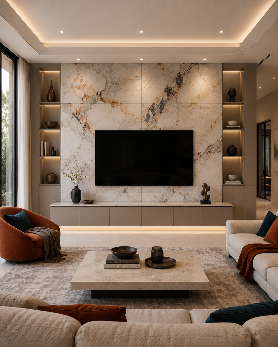 Front-facing media wall with large-format cream stone-look porcelain panels, a centered TV, floating lower cabinetry, illuminated side niches, and rust and teal accents.