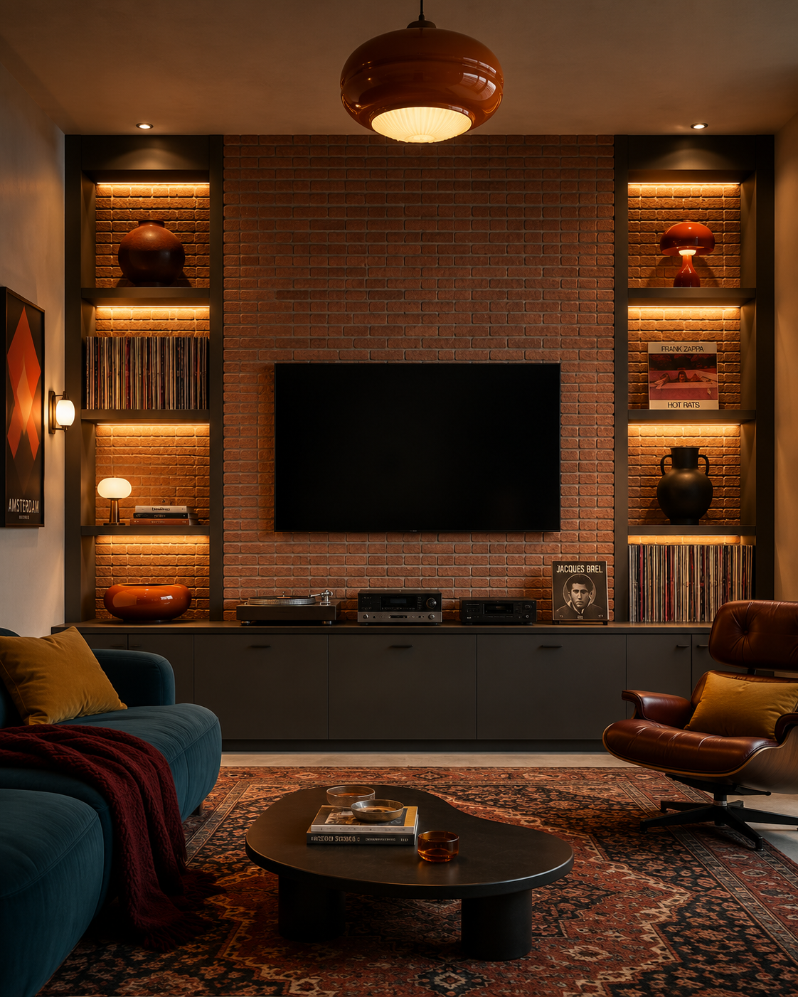 Front-facing music lounge media wall with warm thin brick veneer, a centered TV, illuminated record shelving, charcoal cabinetry, audio equipment, and teal seating.