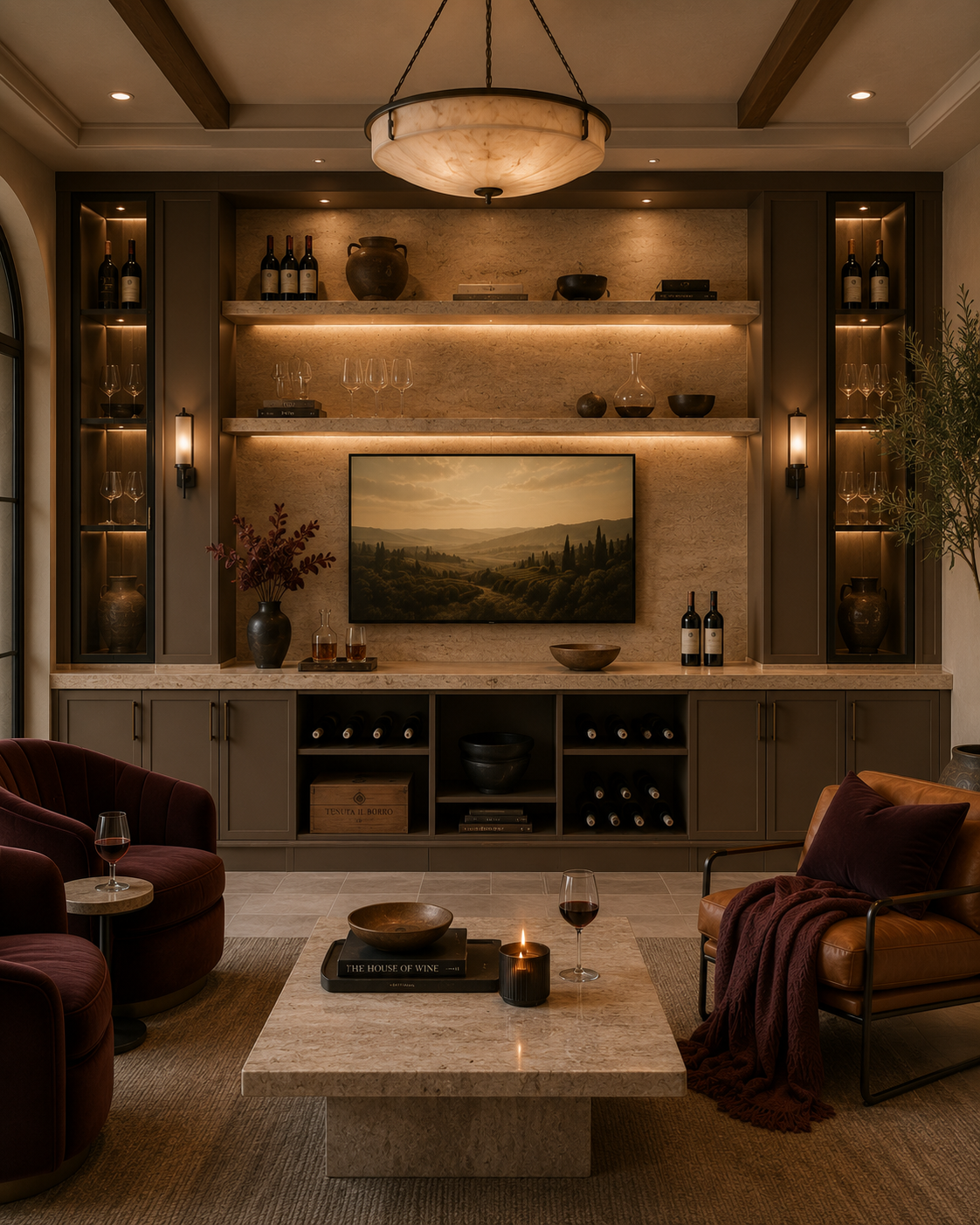 Front-facing built-in wine lounge with warm travertine countertop and shelf surfaces, taupe cabinetry, illuminated niches, bottle storage, and framed wall art.