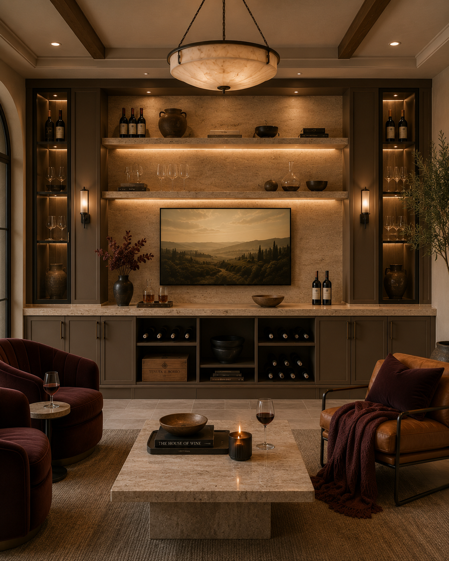 Front-facing built-in wine lounge with warm travertine countertop and shelf surfaces, taupe cabinetry, illuminated niches, bottle storage, and framed wall art.