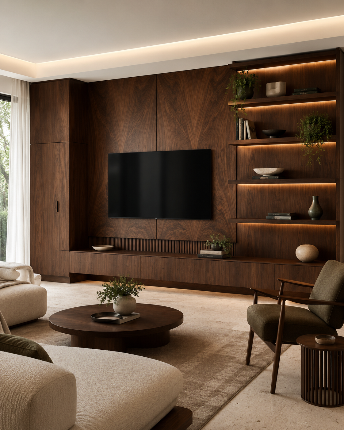 Front-facing walnut veneer media wall with a bookmatched TV panel, tall concealed cabinet, illuminated open shelving, floating lower storage, and warm modern seating.