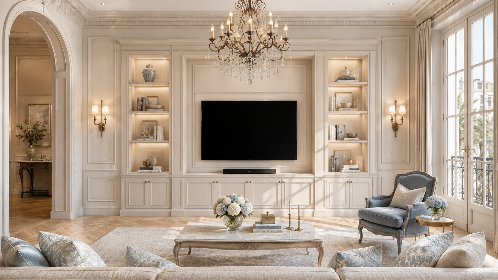 French Riviera-style salon with a custom paneled media wall, integrated built-ins, crystal chandelier, pale blue accents, and herringbone flooring.