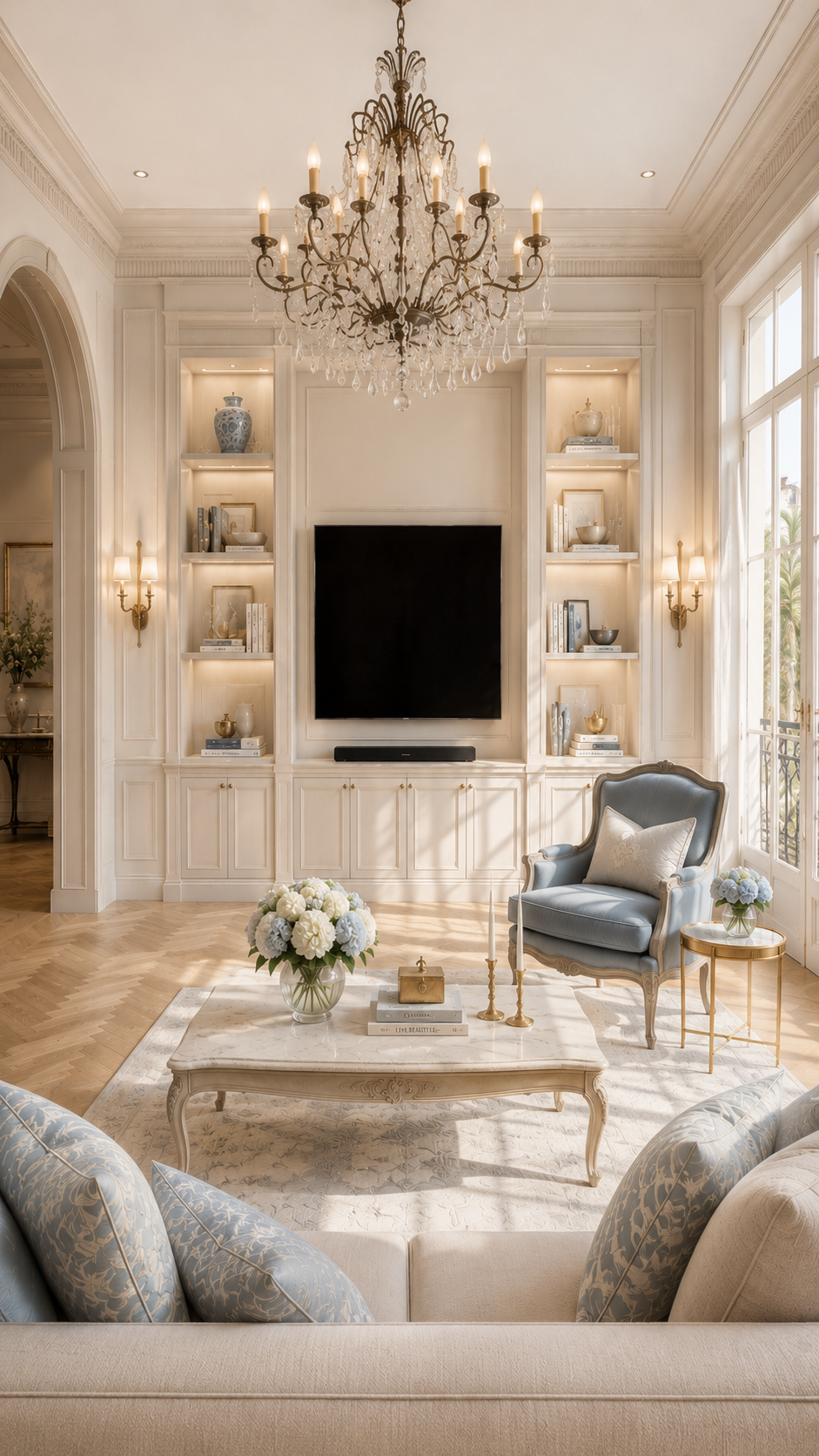 Vertical hero view of a French Riviera-style custom media wall with built-ins, decorative molding, crystal lighting, and pale blue accents.