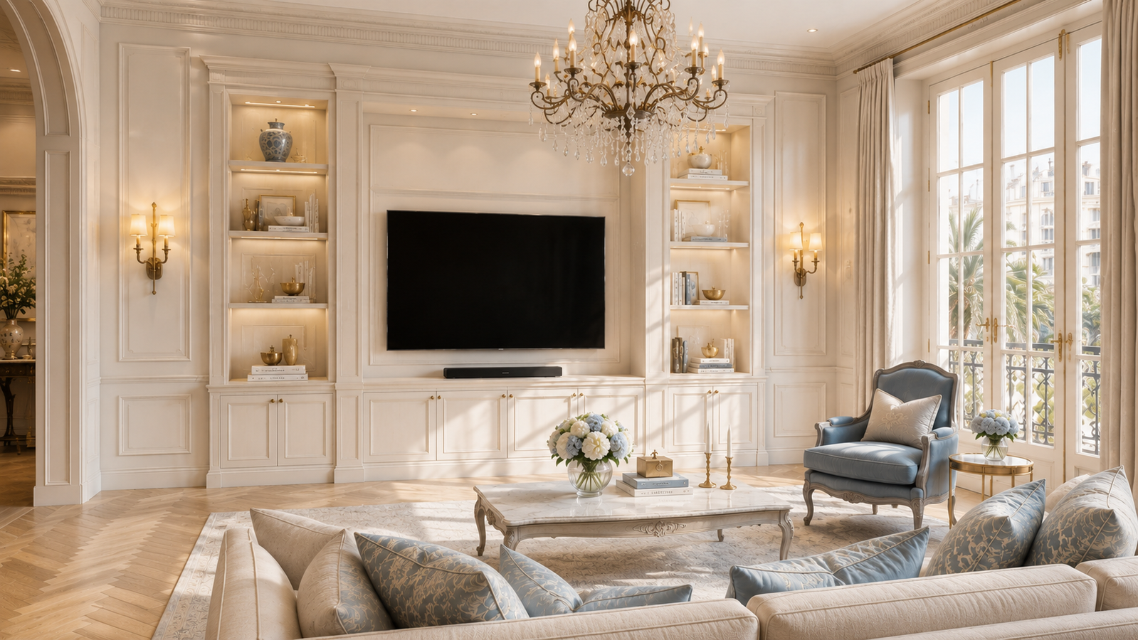 Alternate architectural view of a French Riviera-style media wall with custom cabinetry, molding, warm lighting, and pale blue accents.