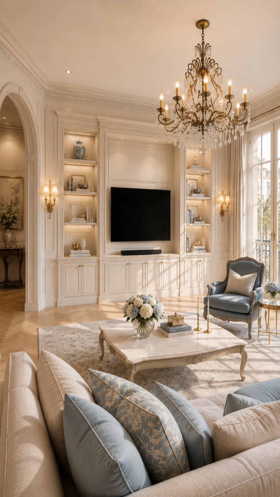 Vertical alternate view of a French Riviera-style media wall with built-in cabinetry, molding, crystal lighting, and pale blue accents.