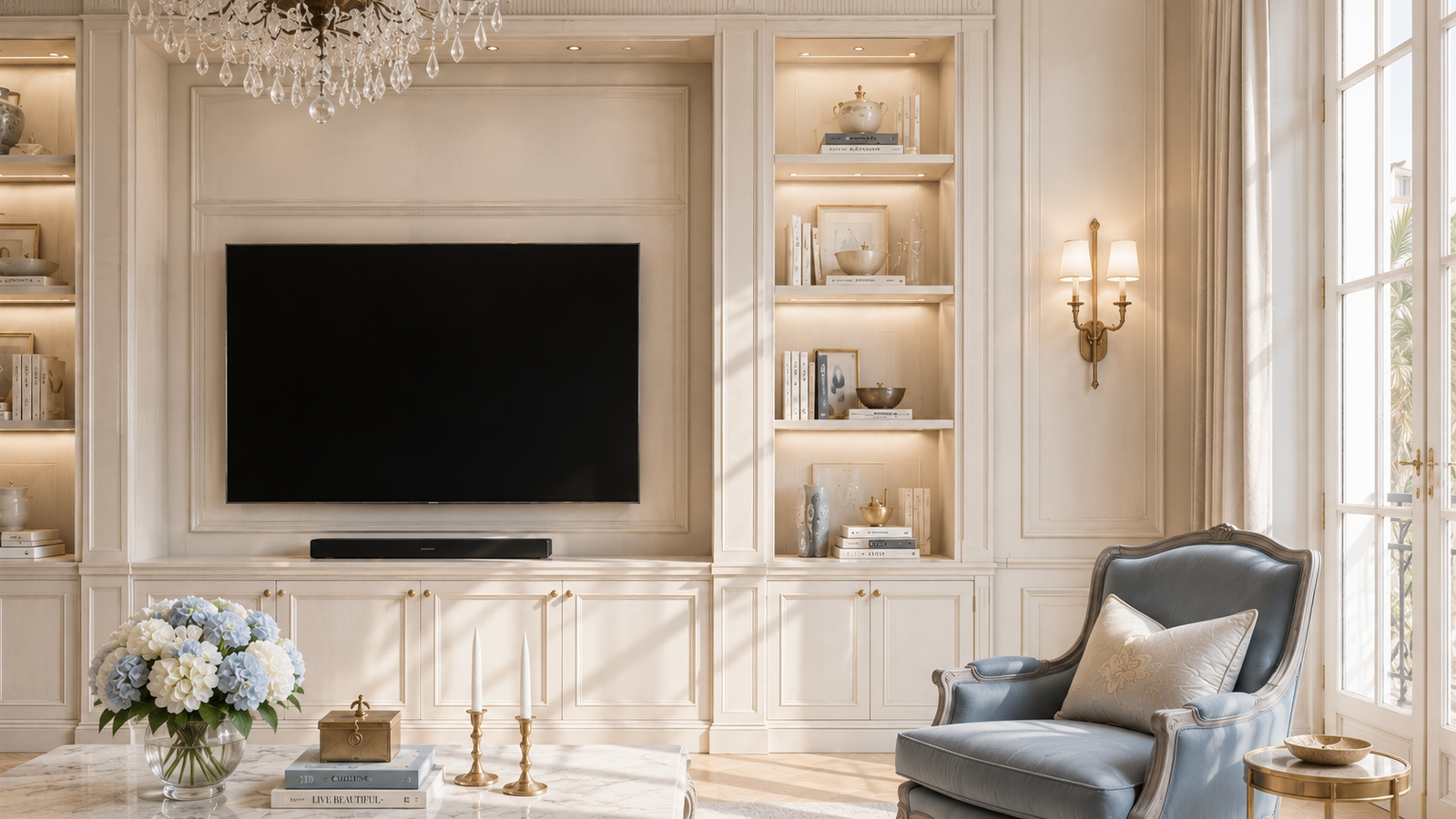 Detailed view of French-style media wall cabinetry, decorative molding, integrated lighting, stone surfaces, and refined hardware.