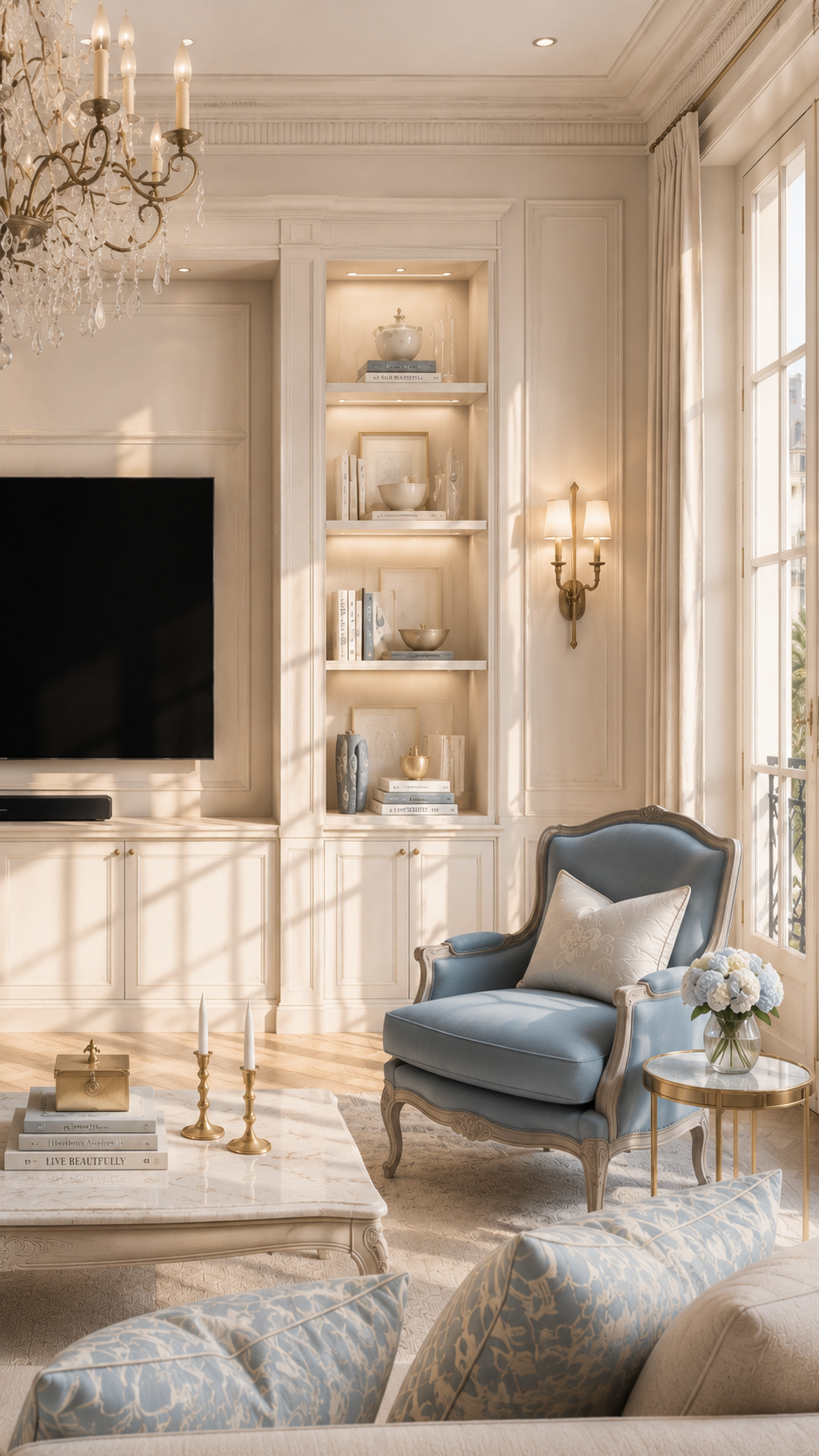 Vertical detail of French-style built-in cabinetry, decorative trim, warm lighting, hardware, and layered media wall finishes.