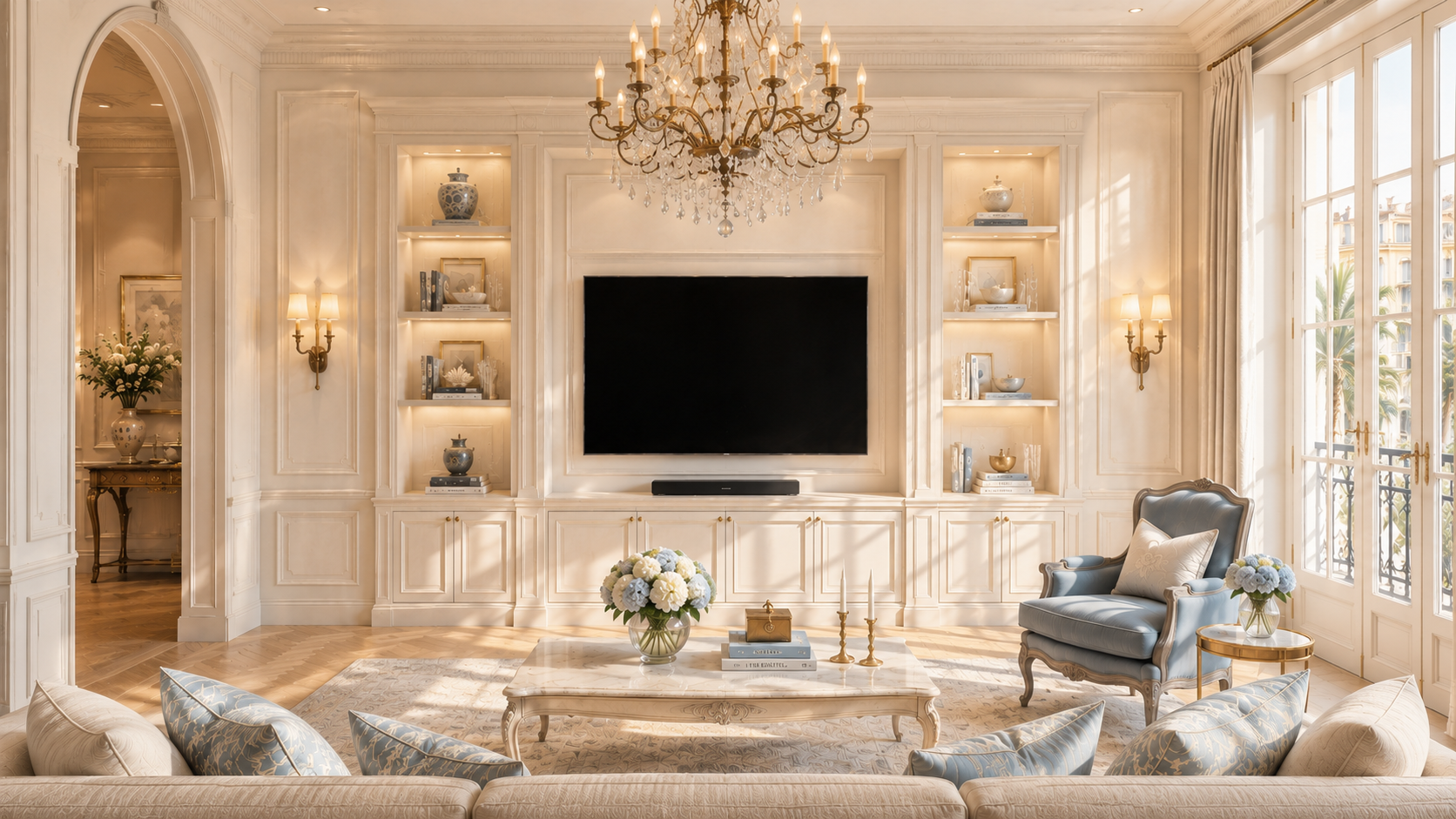 Final sunlit view of a French Riviera-style media wall salon with custom built-ins, crystal chandelier, pale blue accents, and decorative molding.
