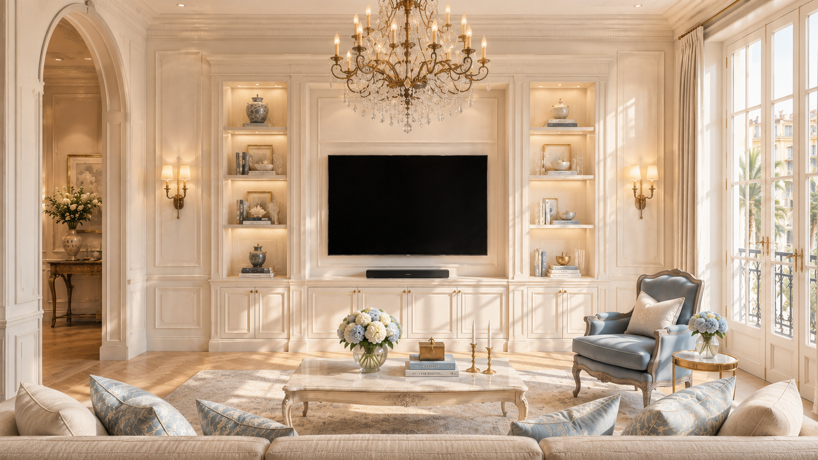 Final sunlit view of a French Riviera-style media wall salon with custom built-ins, crystal chandelier, pale blue accents, and decorative molding.