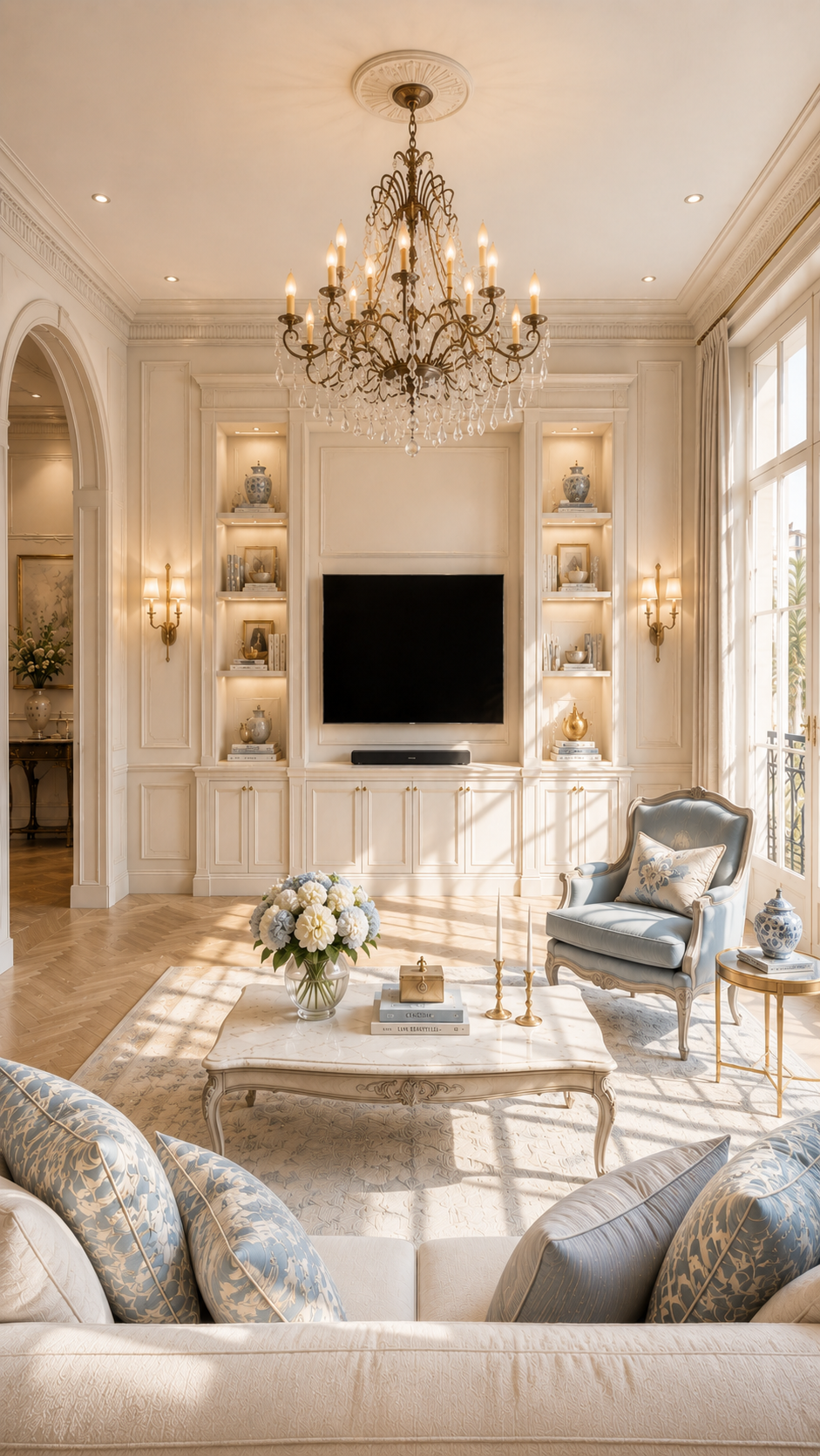 Vertical final view of a French Riviera-style media wall with crystal lighting, pale blue accents, decorative molding, and warm sunlight.