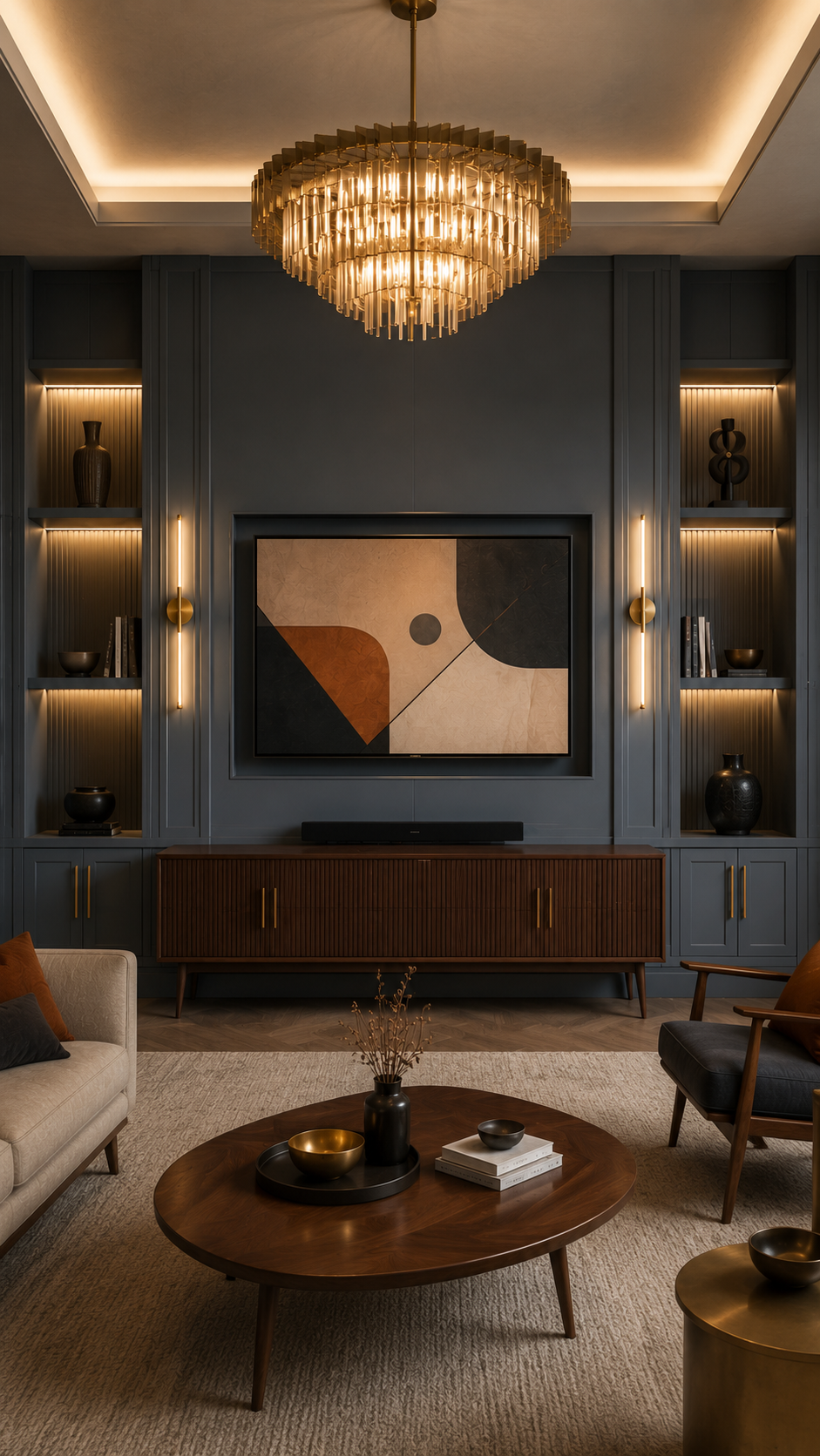 Mid-century-inspired custom media wall and built-ins with a blue-gray architectural finish, walnut ribbed console, illuminated display niches, brass accents, and an art-display television.
