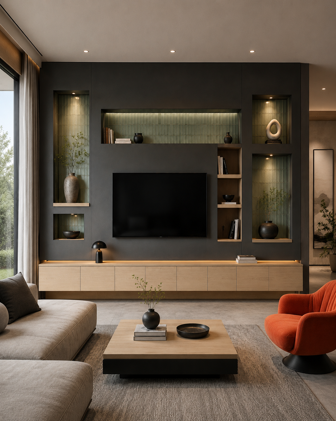 A front-facing charcoal media wall with a wall-mounted TV, illuminated green tile-backed display niches, warm wood shelves, light wood base cabinets, and a terracotta accent chair.