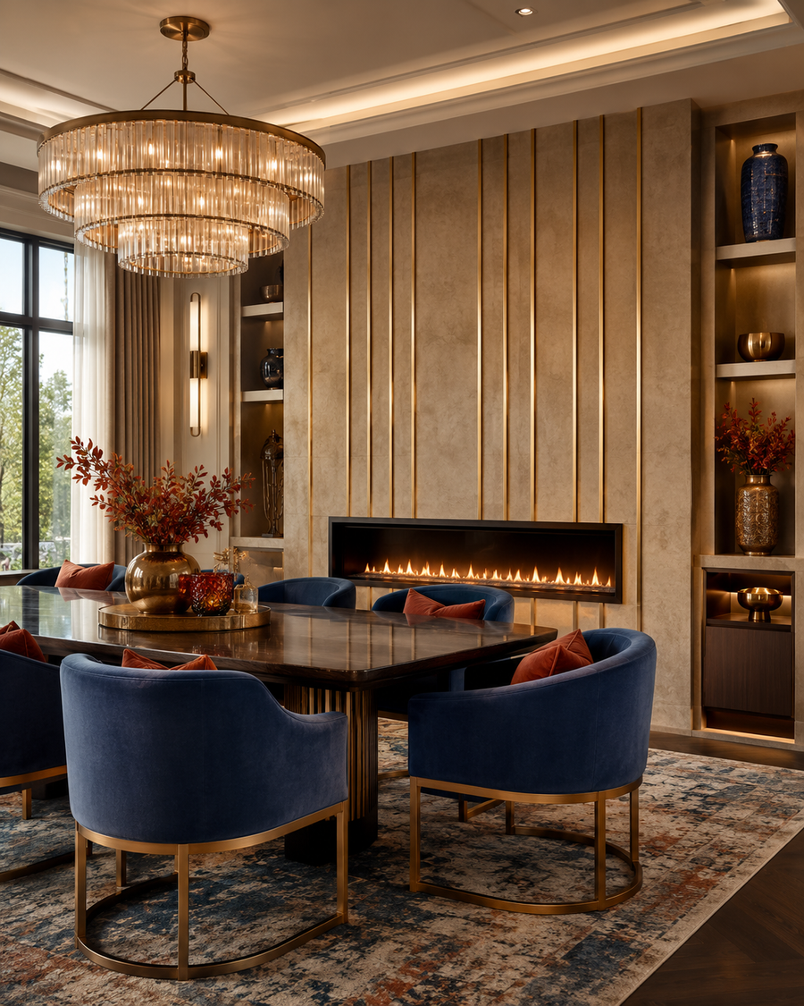 Elegant dining lounge with custom fireplace wall featuring vertical brass metal strips, plaster wall panels, linear fireplace, blue velvet dining chairs, terracotta pillows, statement chandelier, and warm lighting.
