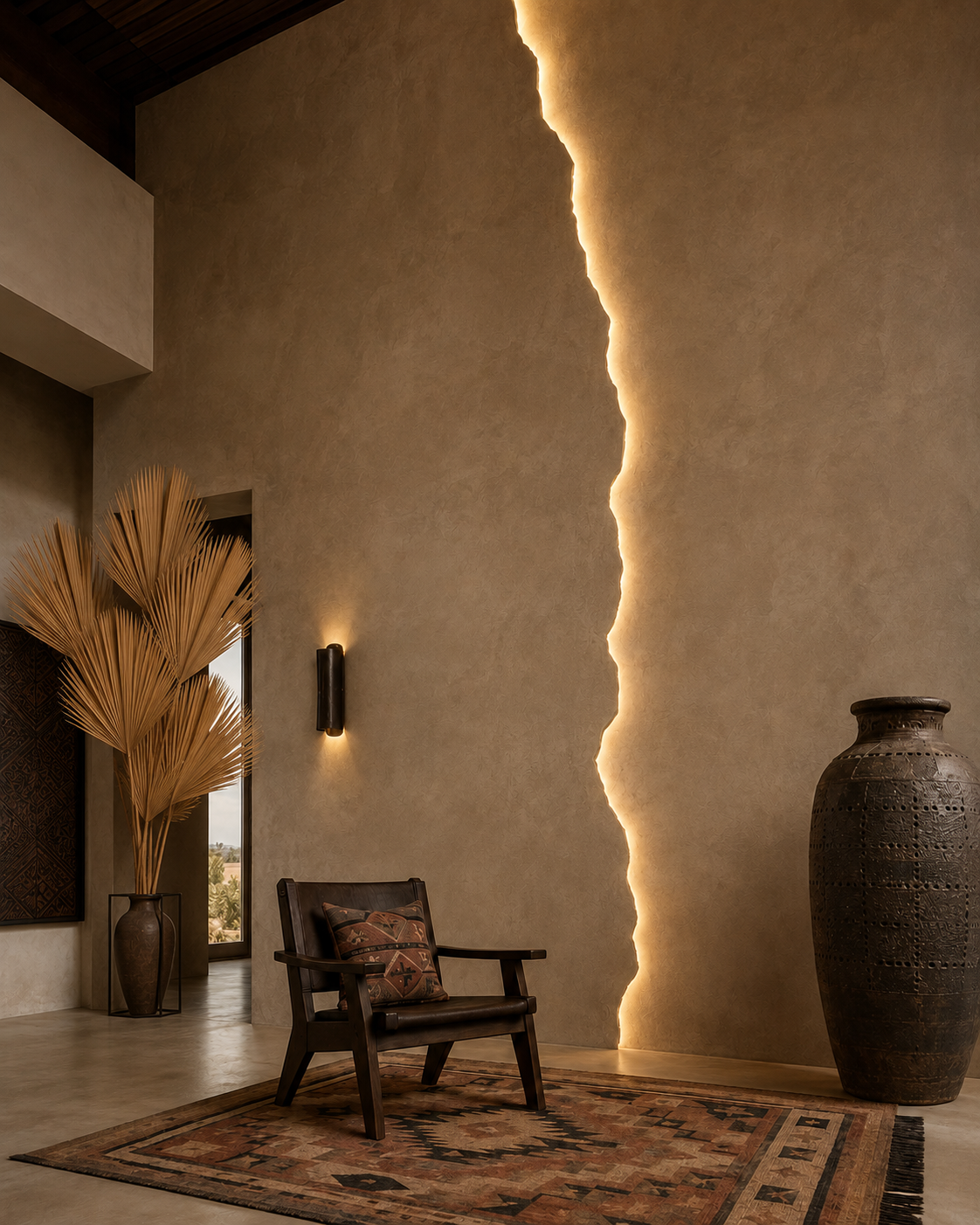 Microcement and concrete-look accent wall with warm neutral surface, vertical illuminated break detail, desert-inspired decor, and sculptural scale.