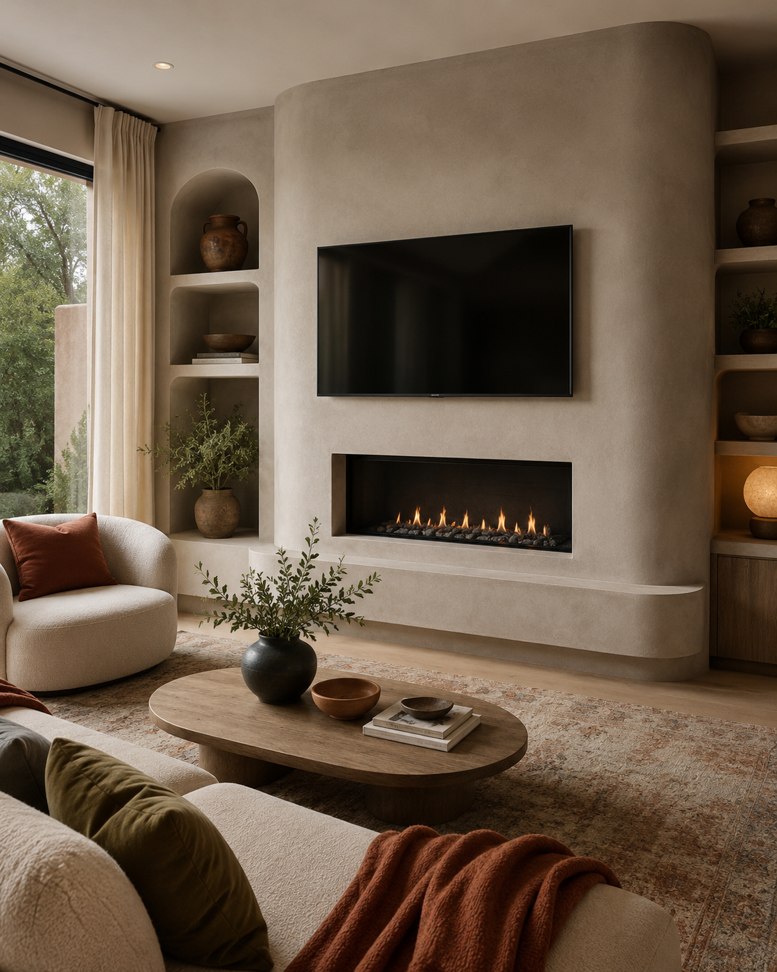 Soft minimalist custom fireplace TV wall with microcement concrete-look surround, curved architectural form, linear fireplace, TV, warm greige texture, and colorful textile accents.