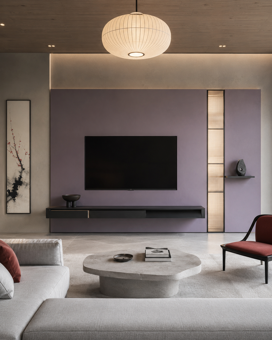 Front-facing minimal TV panel wall in soft lavender with a slim black floating console, a vertical illuminated panel detail, a single floating shelf, and Japanese-inspired styling.