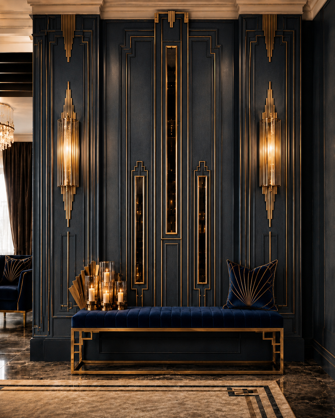 Mirror, glass, and reflective insert accent wall with Art Deco inspired panels, gold trim, smoked glass details, sconces, and dark luxury styling.