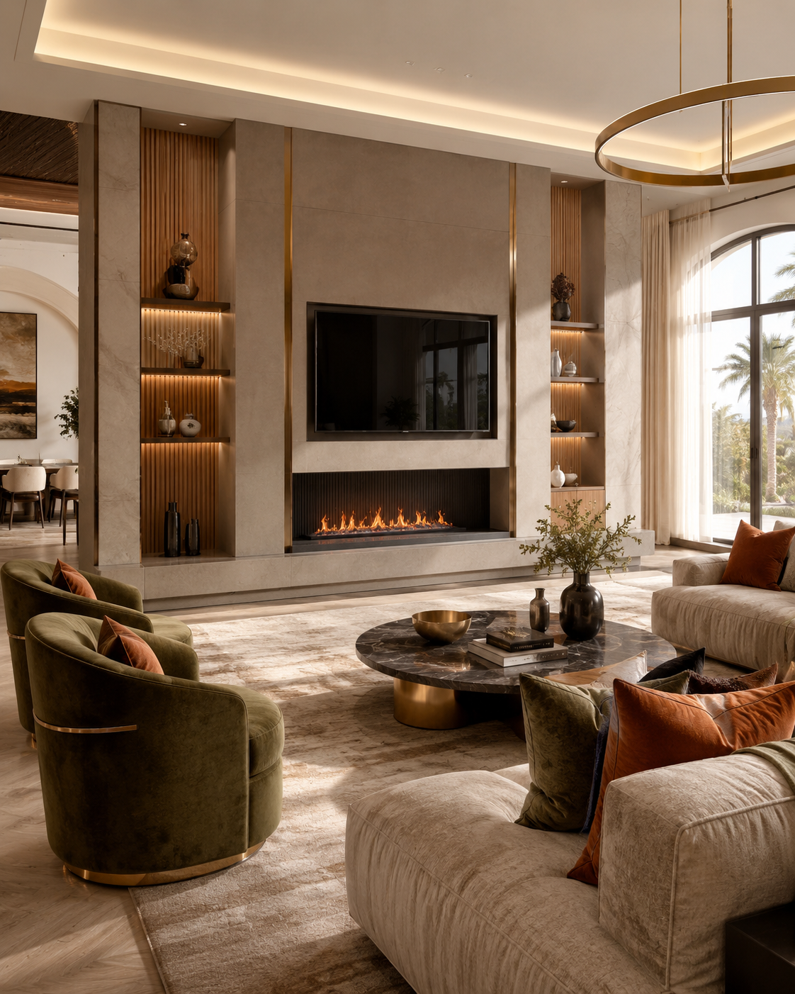 Luxury modern custom fireplace TV wall with mixed materials, stone-look panels, fluted wood accents, brass trim, integrated lighting, linear fireplace, TV, green velvet chairs, rust pillows, and large area rug.
