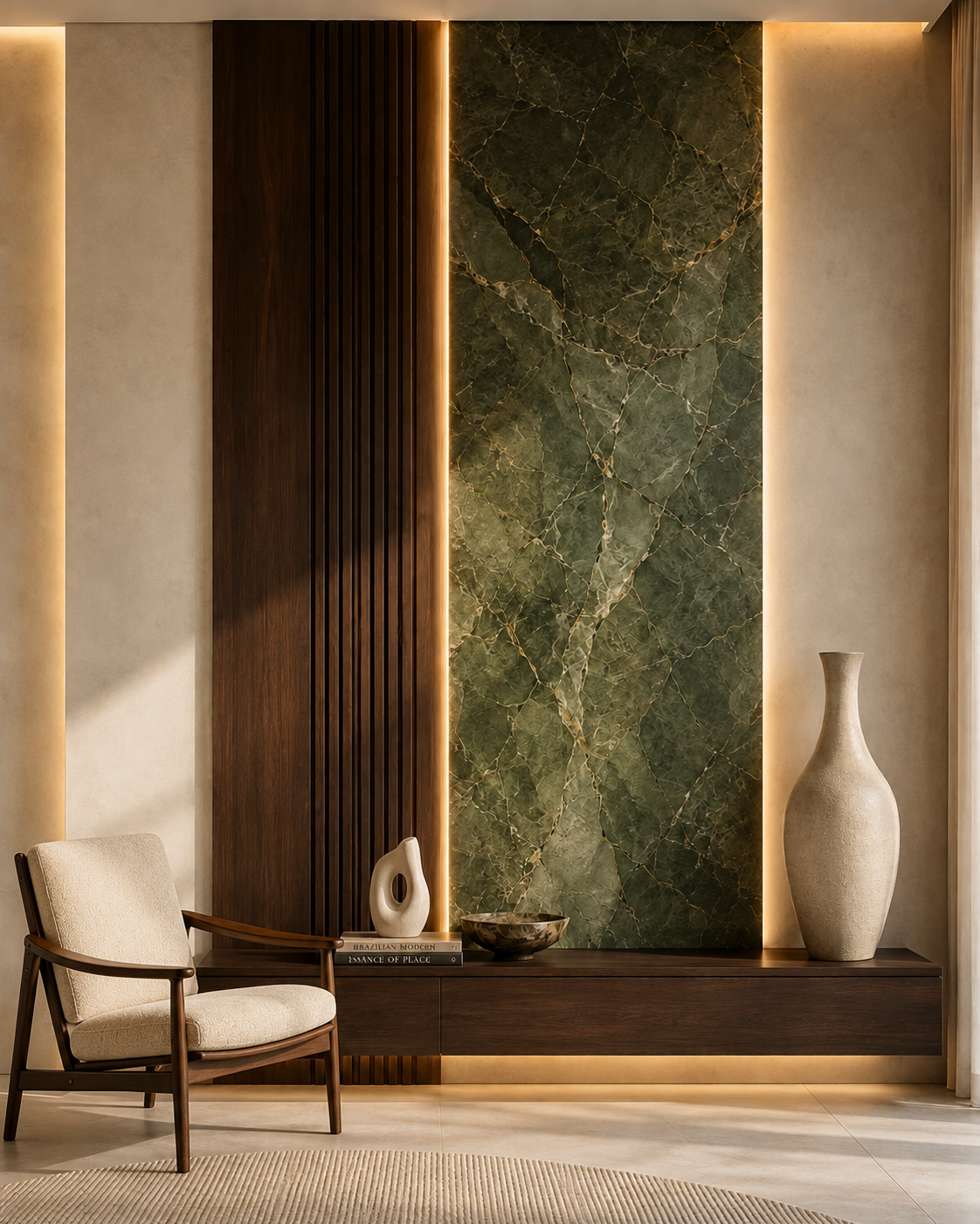 Mixed-material wall composition with dark wood panels, vertical slats, green stone-look insert, warm LED lighting, and refined residential seating.