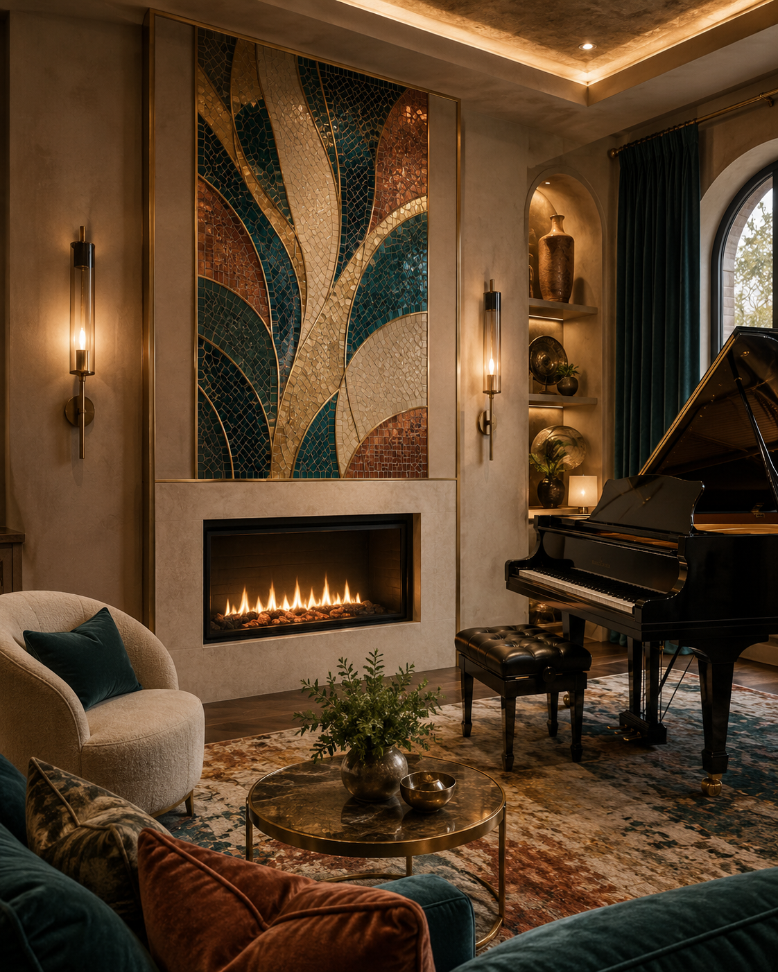 Elegant piano lounge with mosaic tile fireplace feature panel, metallic brass accents, linear fireplace, grand piano, teal curtains, rust pillows, warm sconces, and jewel-toned seating.